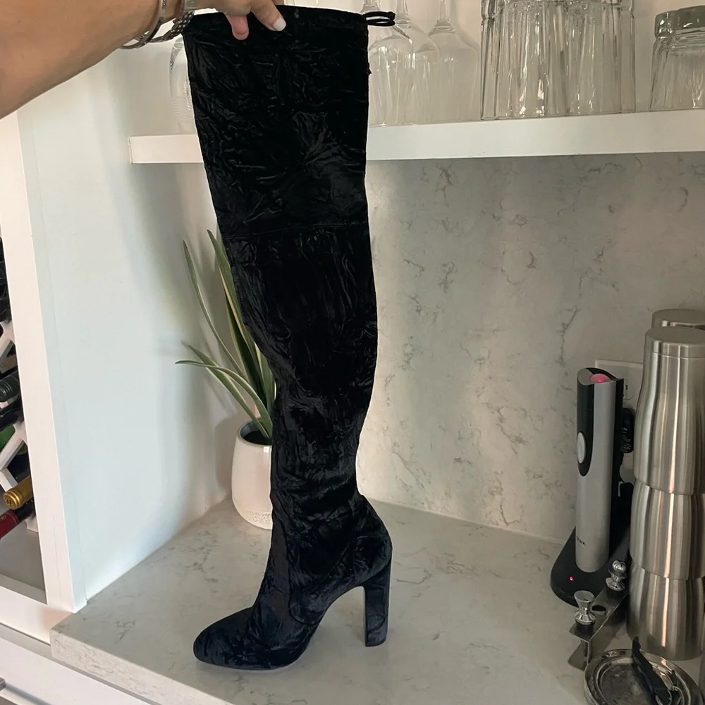 New! Stuart Weitzman Vidaland Black Stretch‎ Crushed Velvet OTK Boots Sz 9 $995